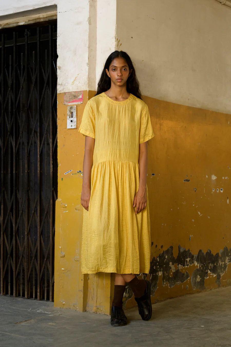 Runaway Bicycle Yellow Silk Dress With Embroidered Neckline LAST ONE LARGE