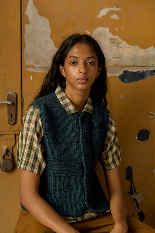 Runaway Bicycle Knitted Button Up Vest In Teal