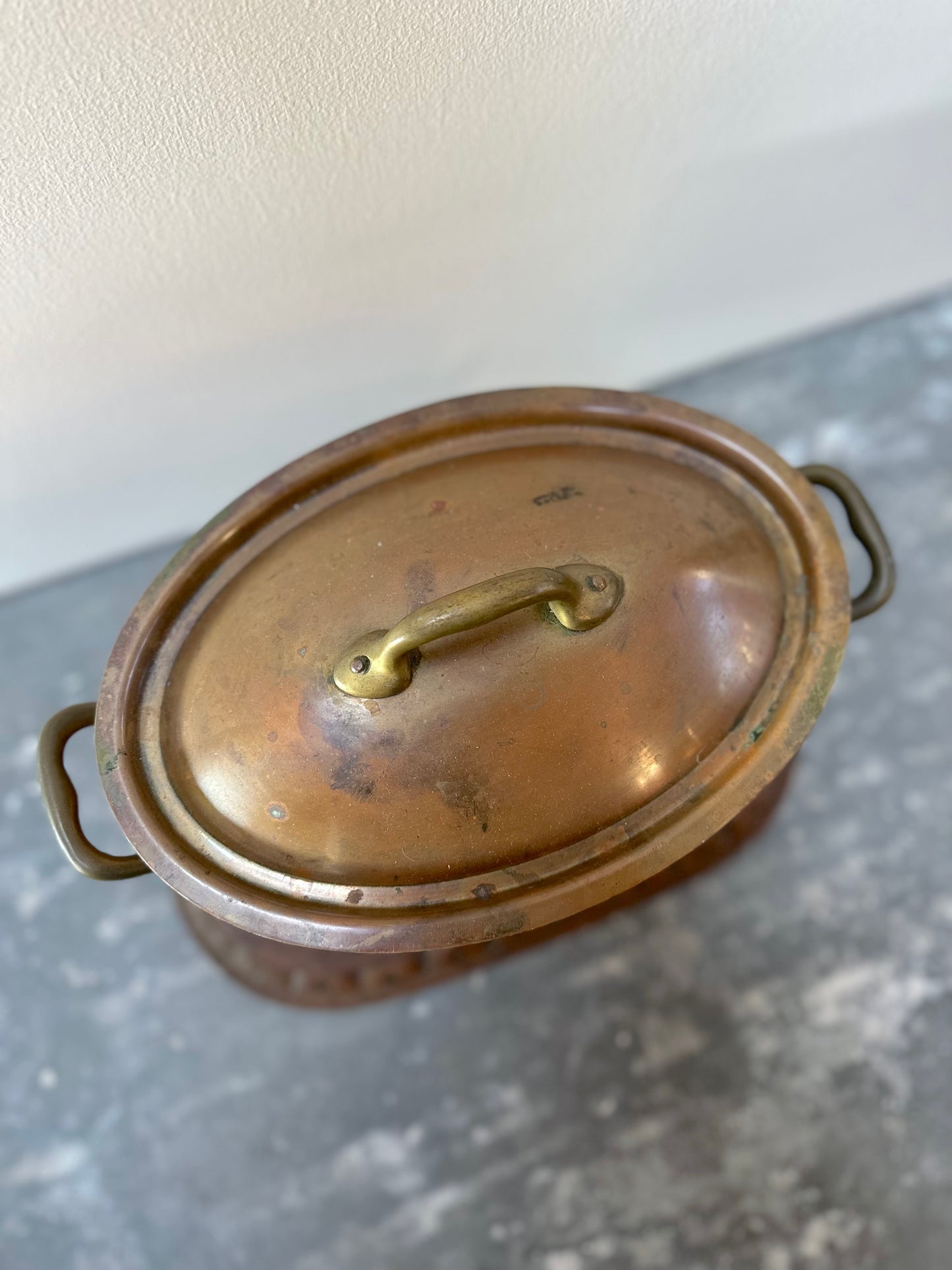 Antique French Petite Oval Copper Pot With Lid