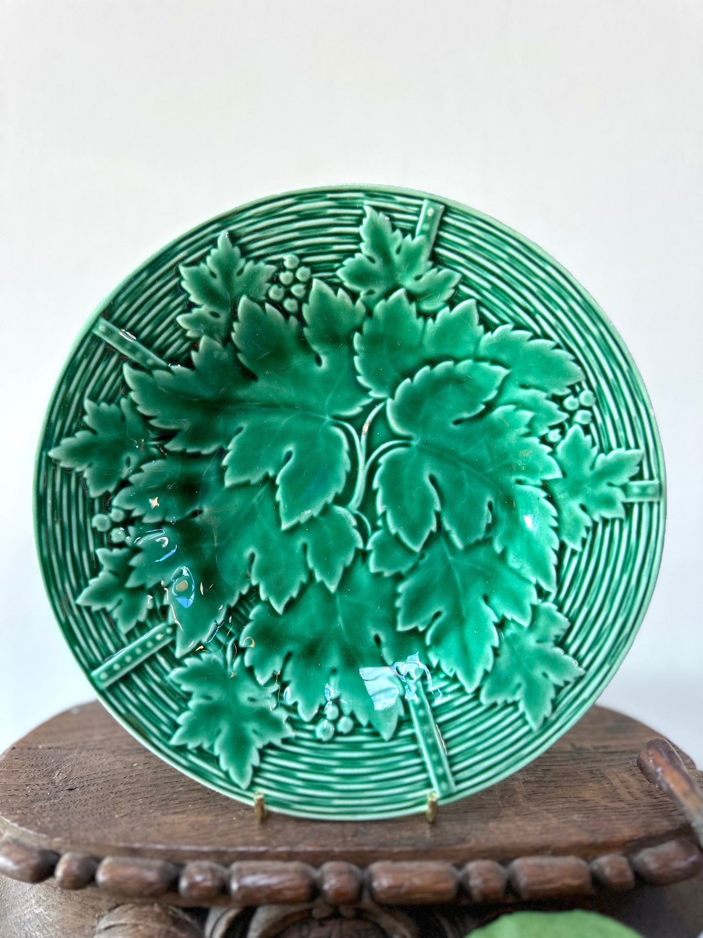 Antique French Gien 'Prime Fleur' Green Leaf Plate Pair