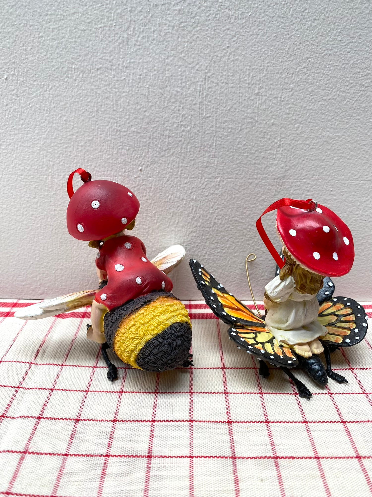 Mushroom Elves on Bee & Butterfly - Pair Hanging Ornaments - Woodland Christmas