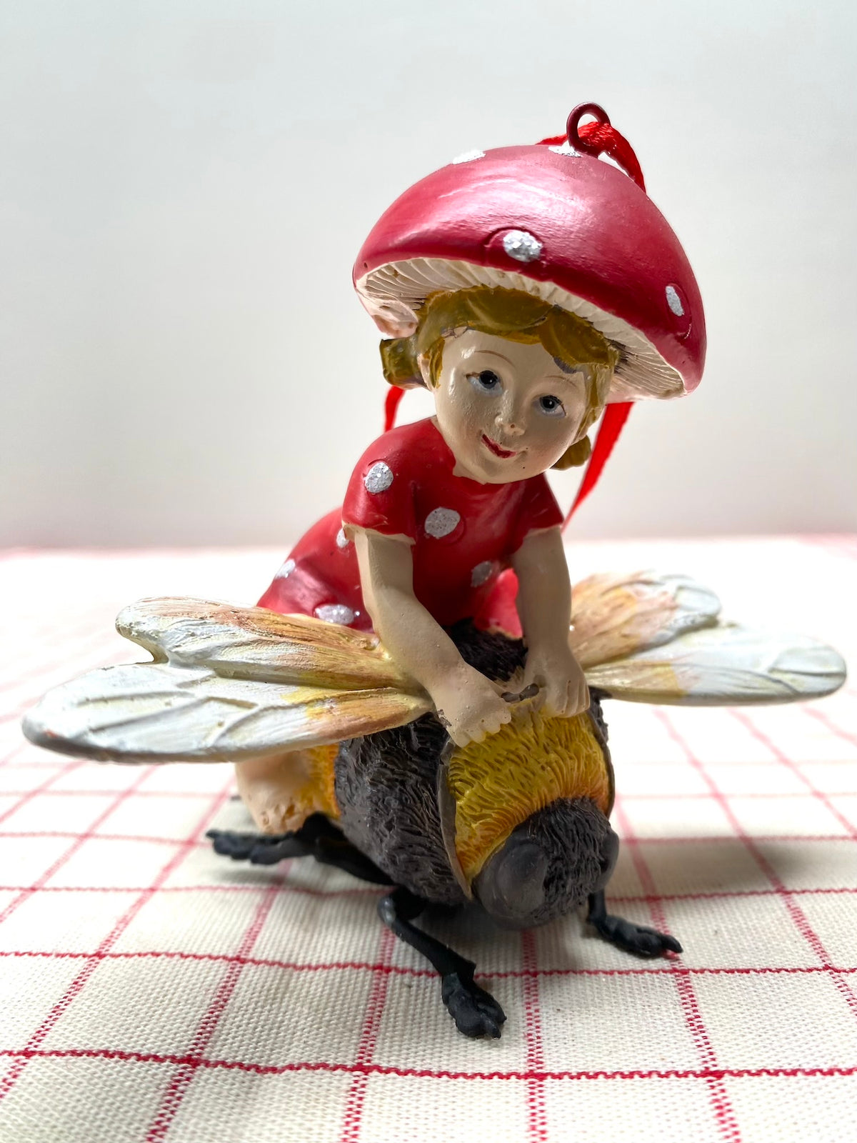 Mushroom Elves on Bee & Butterfly - Pair Hanging Ornaments - Woodland Christmas