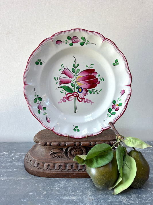 Antique French Hand Painted Round Floral Platter