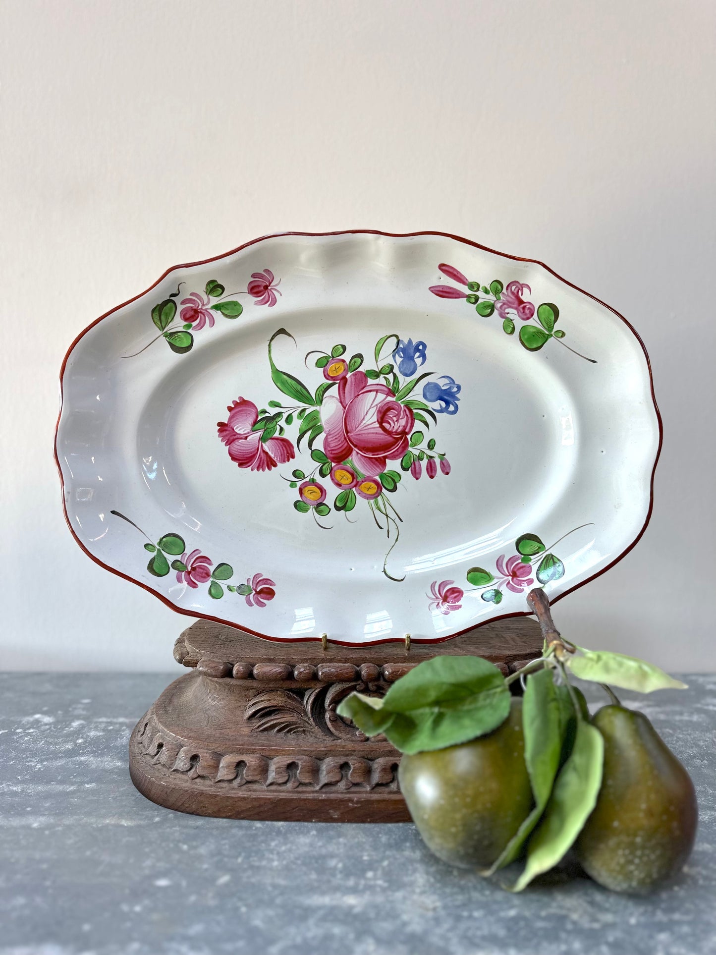 Antique French Hand Painted Oval Floral Platter