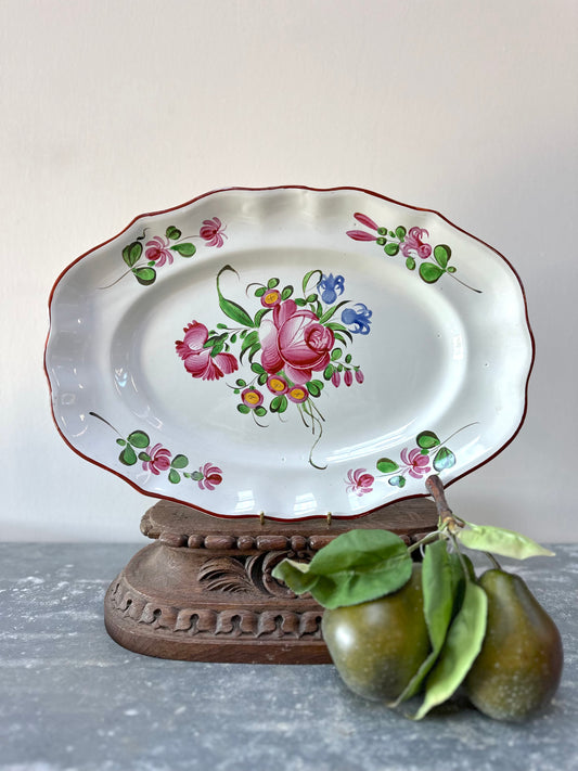 Antique French Hand Painted Oval Floral Platter