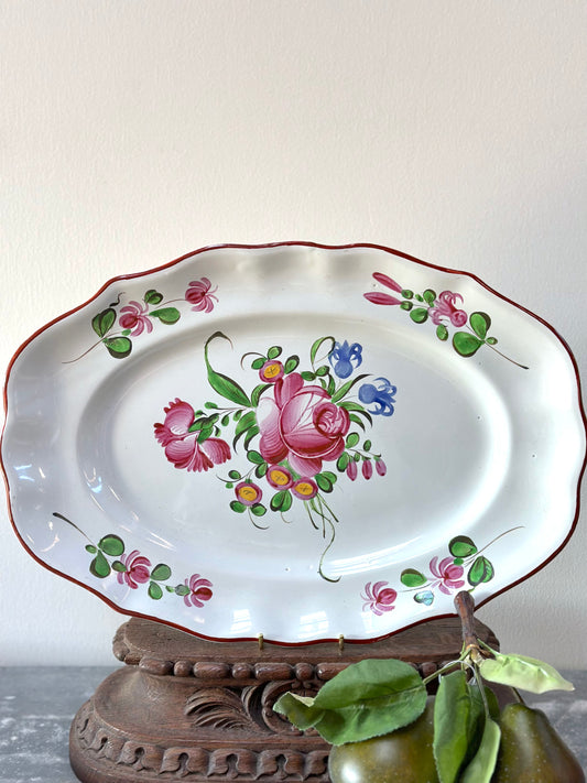 Antique French Hand Painted Oval Floral Platter