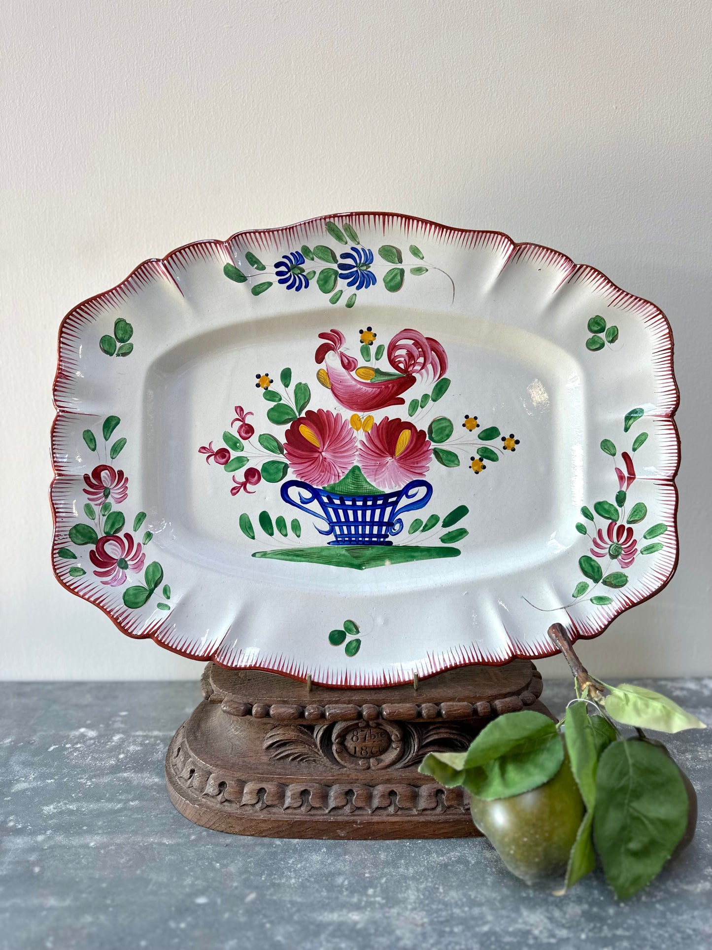 Antique French Hand Painted Rectangle Floral Platter