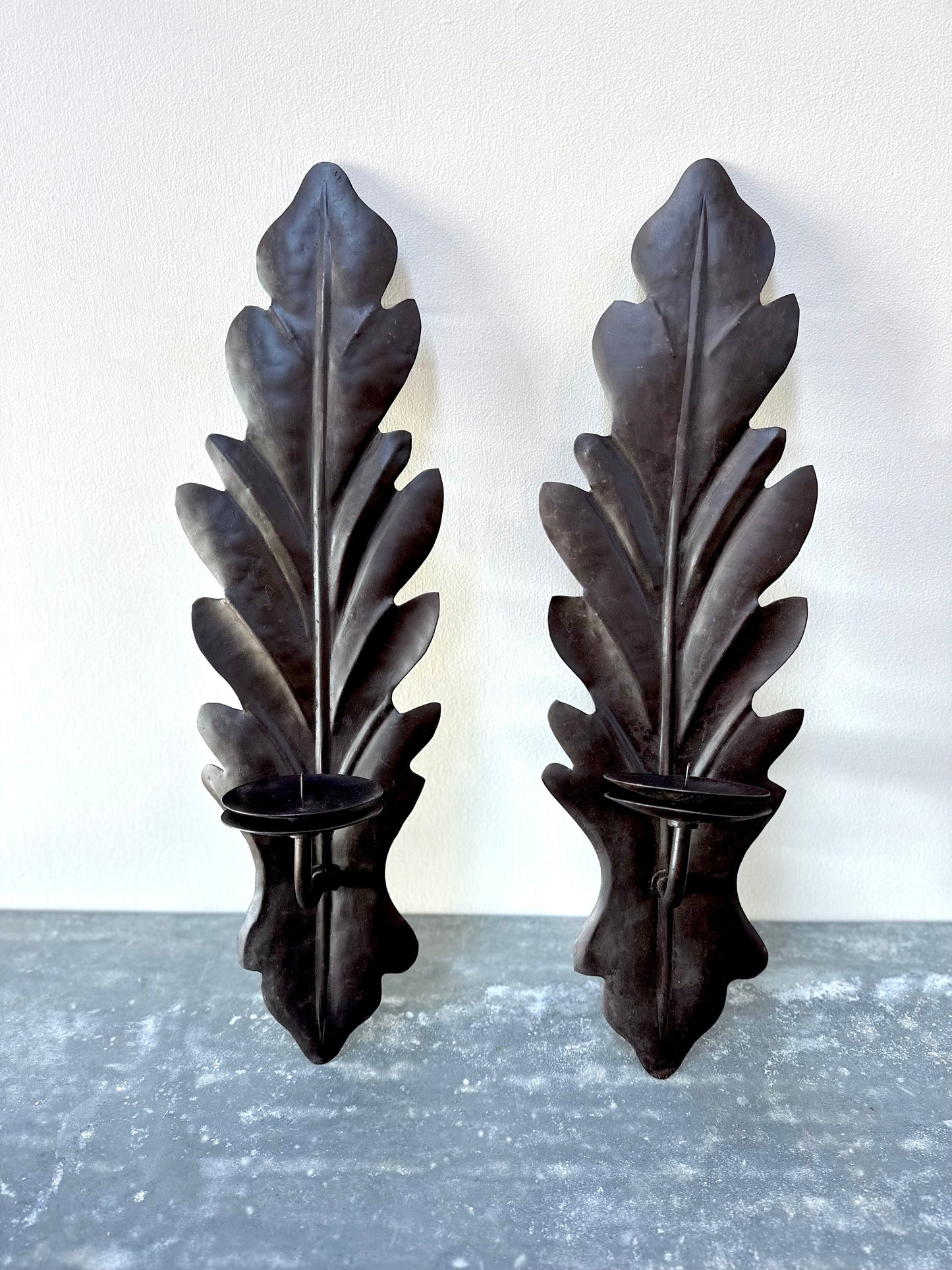 French Rustic Oak Leaf Pair of Wall Sconces - Small