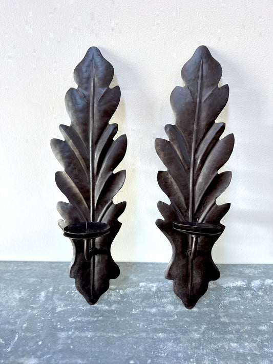 French Rustic Oak Leaf Pair of Wall Sconces - Small