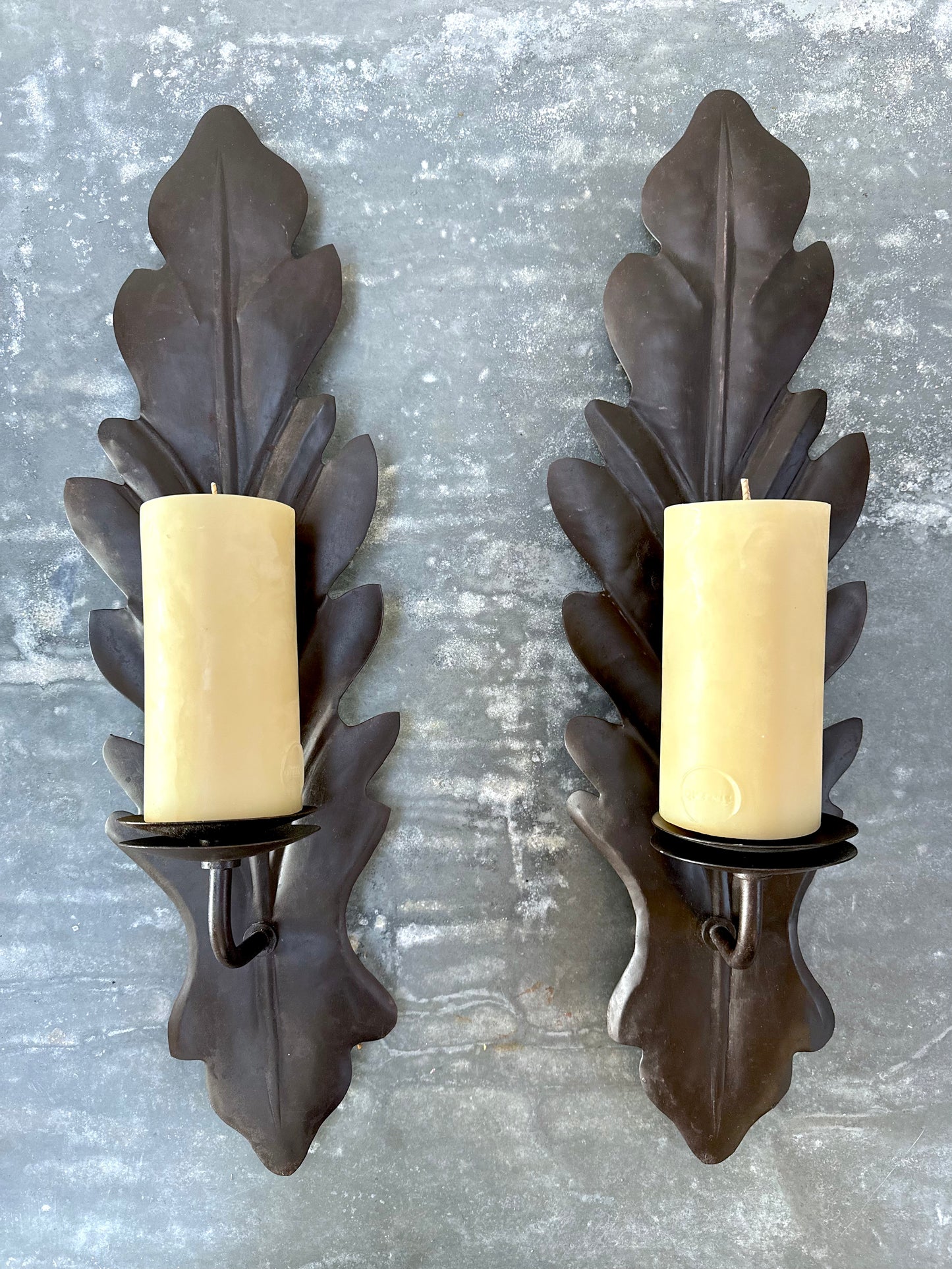 French Rustic Oak Leaf Pair of Wall Sconces - Small