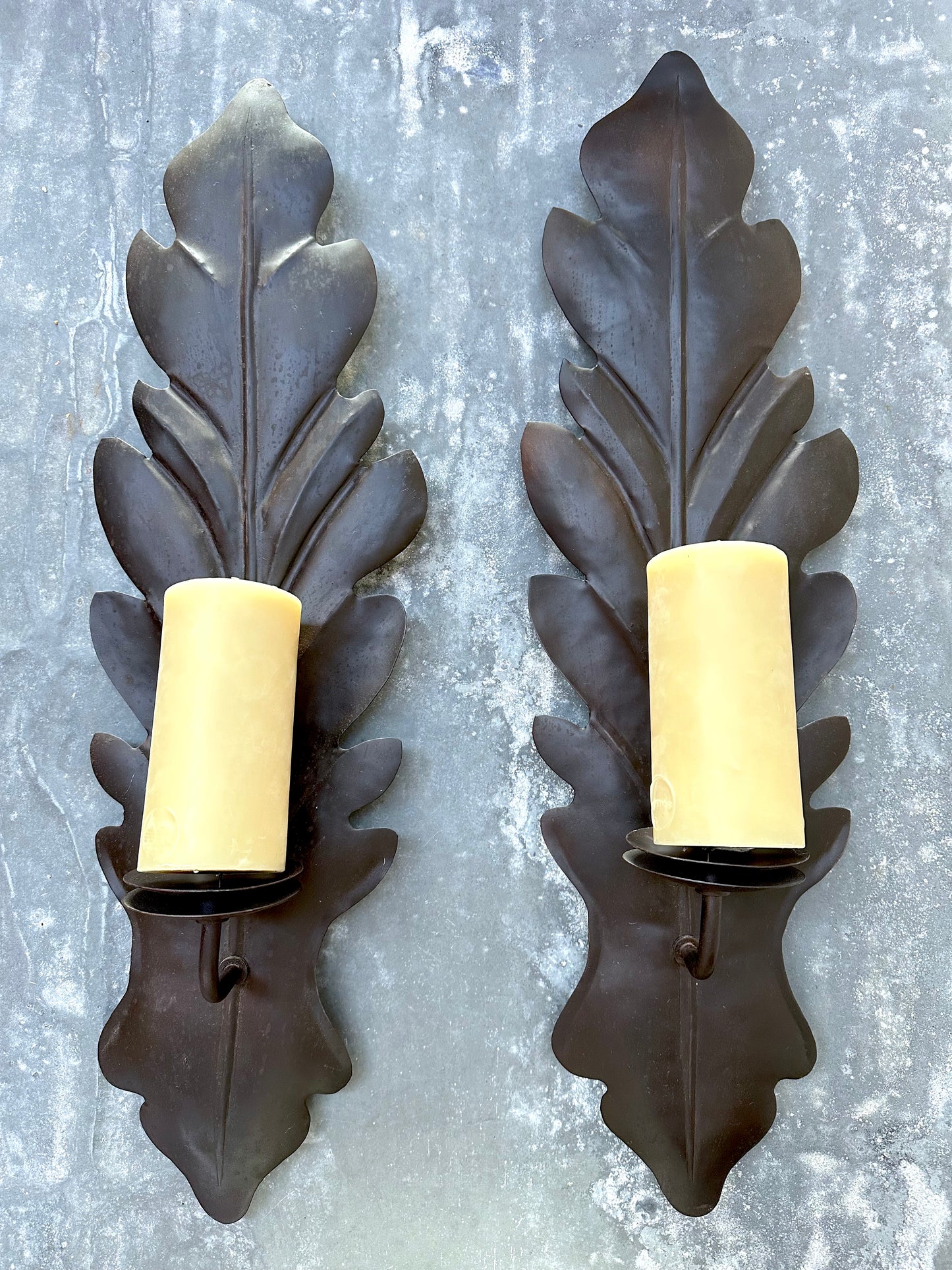 French Rustic Oak Leaf Pair of Wall Sconces - Large