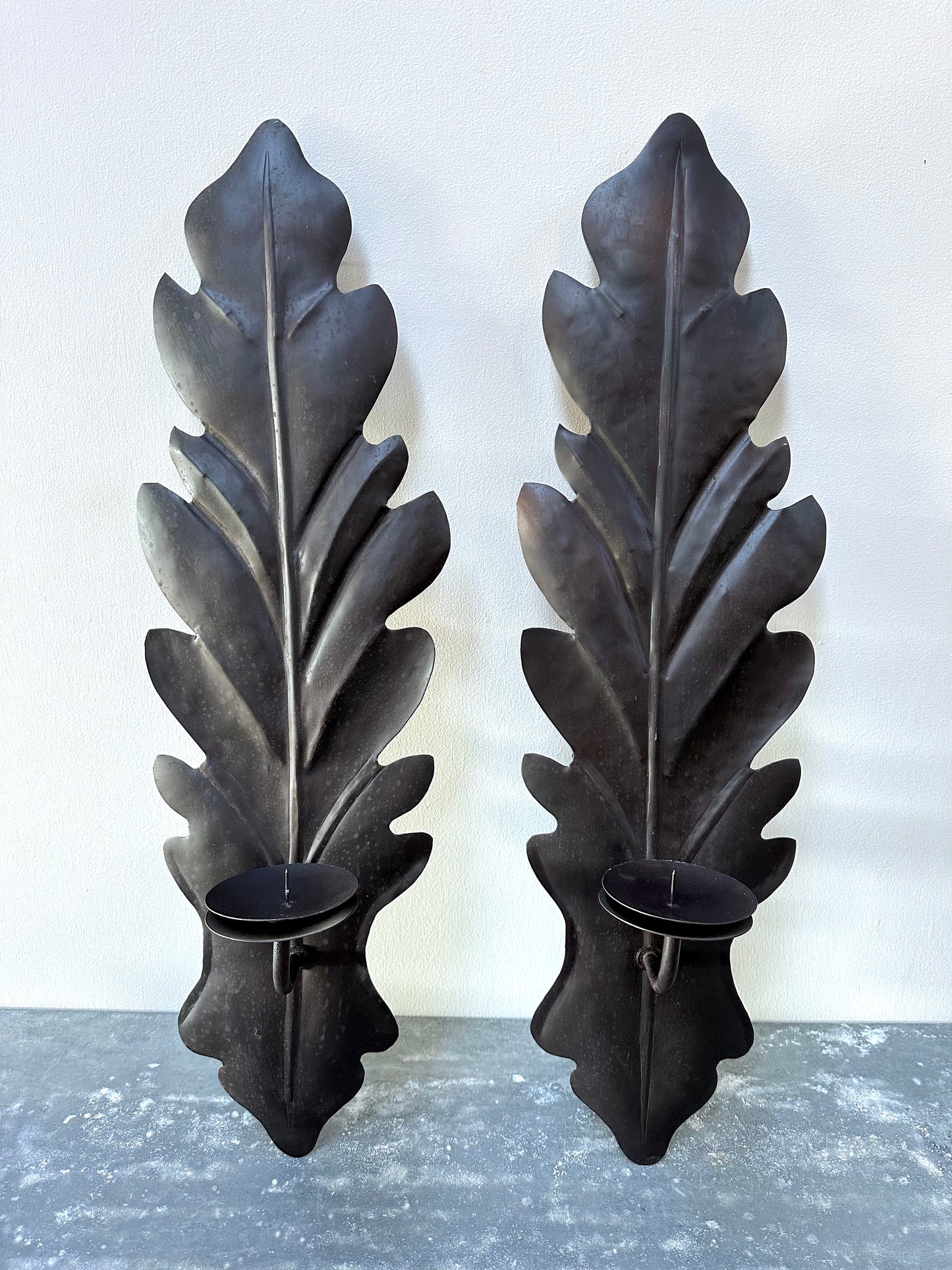 French Rustic Oak Leaf Pair of Wall Sconces - Large
