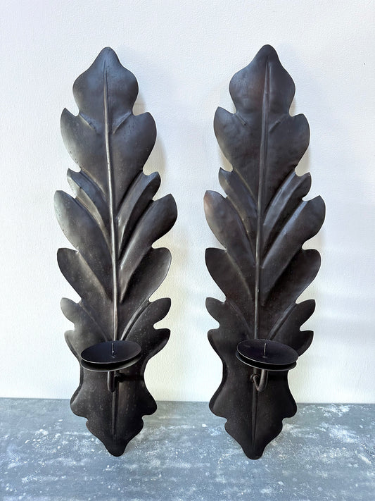 French Rustic Oak Leaf Pair of Wall Sconces - Large