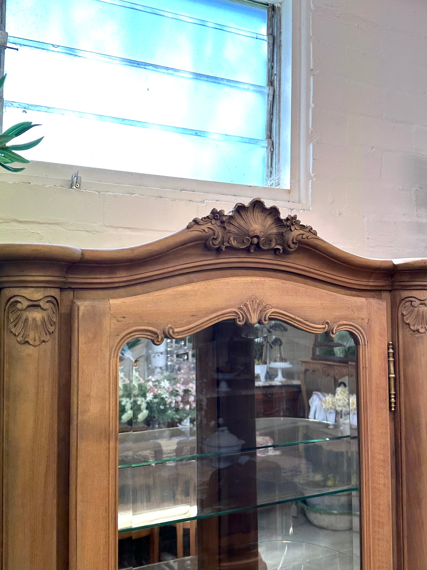 Vintage French Walnut Vitrine With Curved Glass Sides