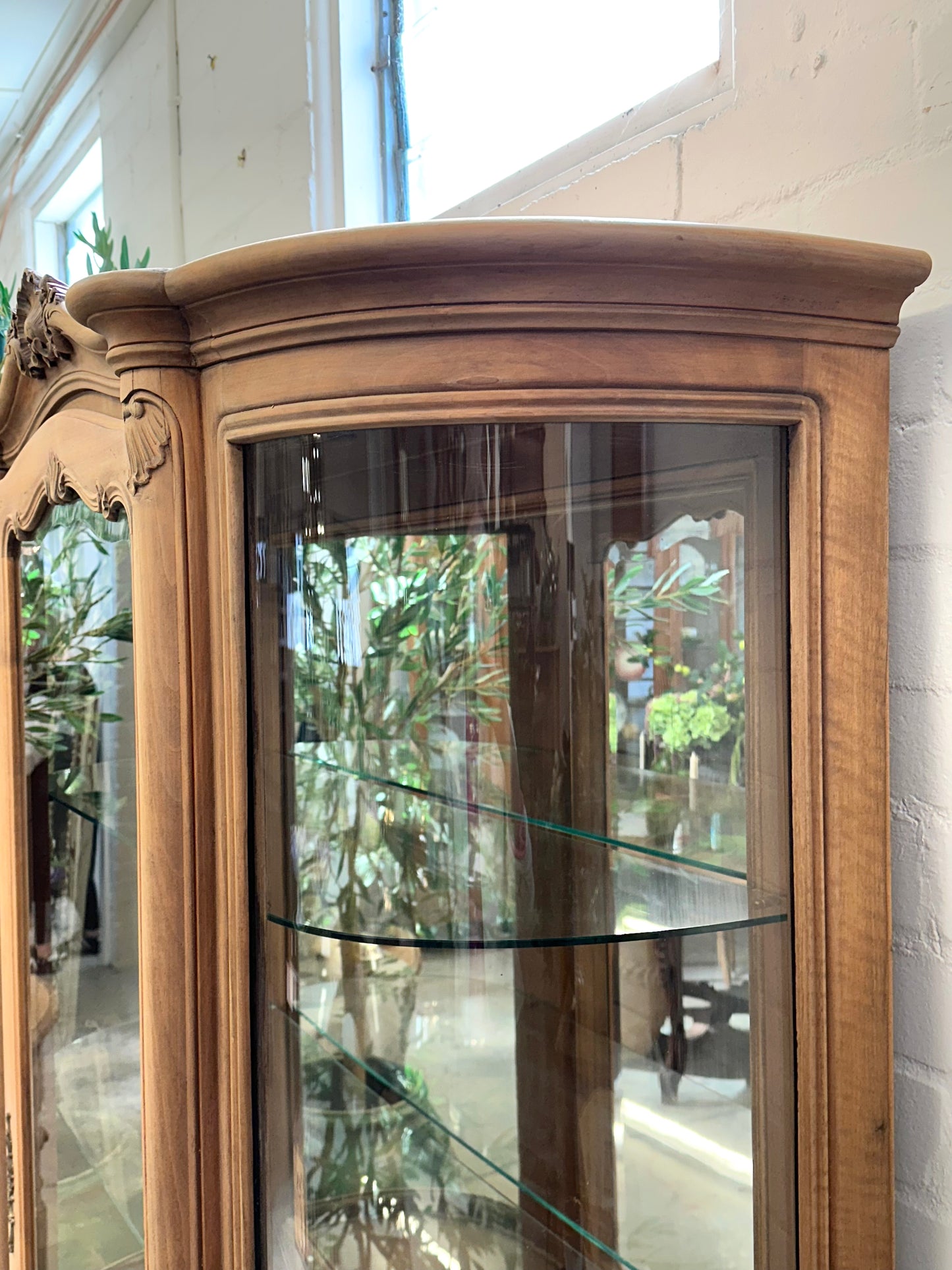 Vintage French Walnut Vitrine With Curved Glass Sides