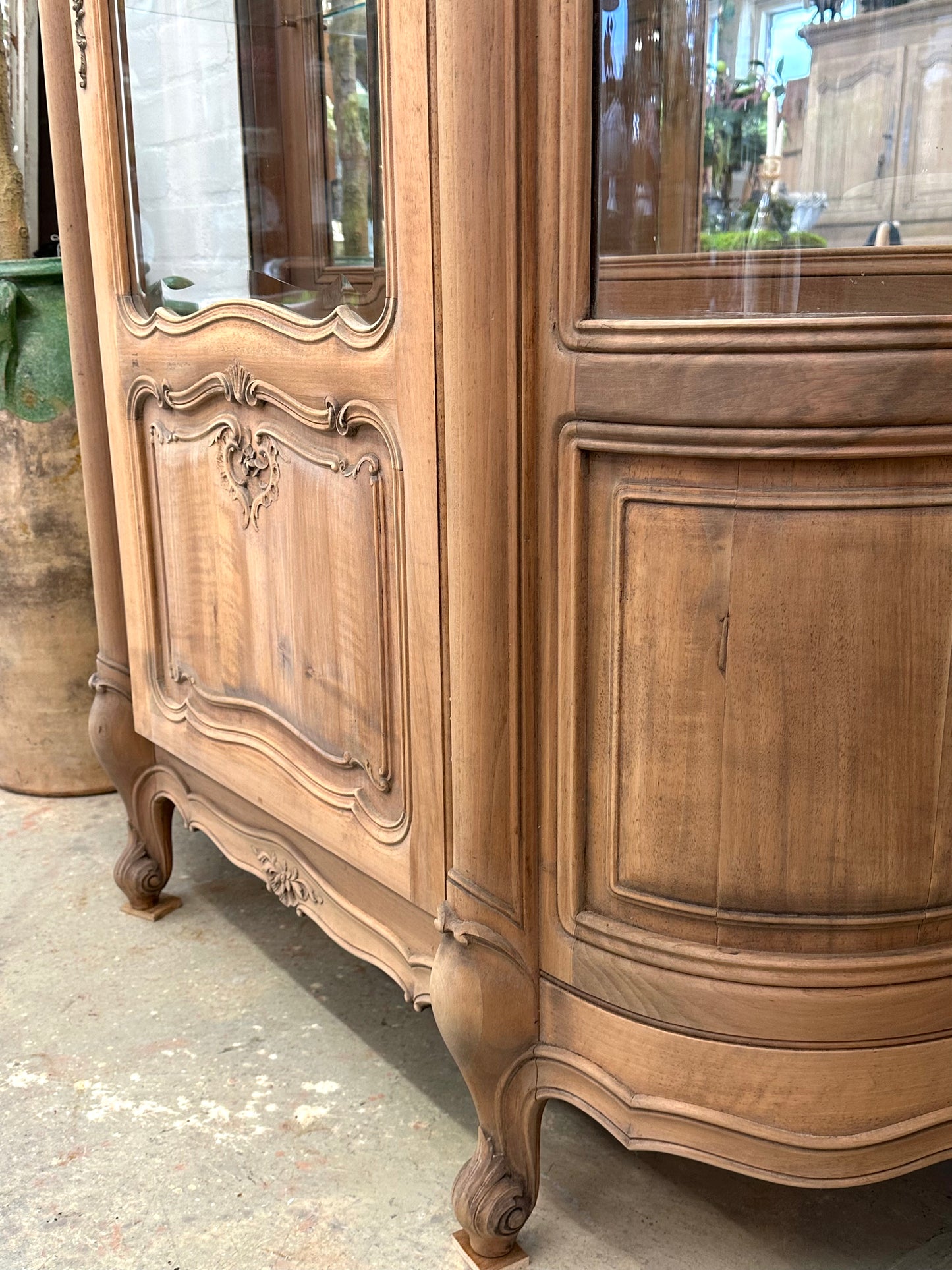 Vintage French Walnut Vitrine With Curved Glass Sides