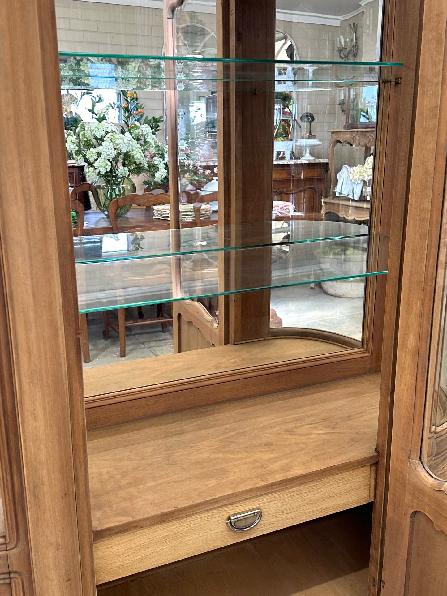 Vintage French Walnut Vitrine With Curved Glass Sides