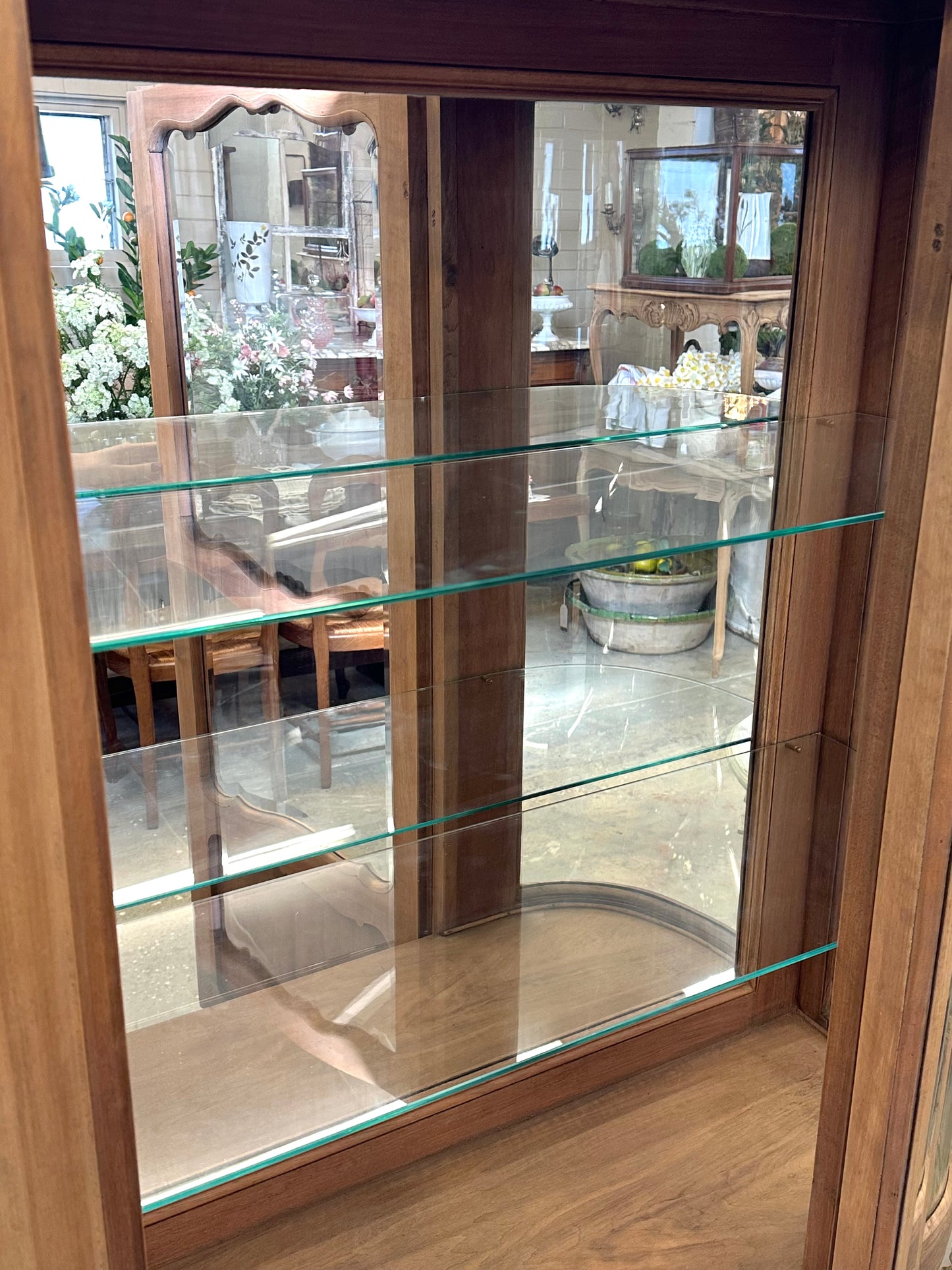 Vintage French Walnut Vitrine With Curved Glass Sides