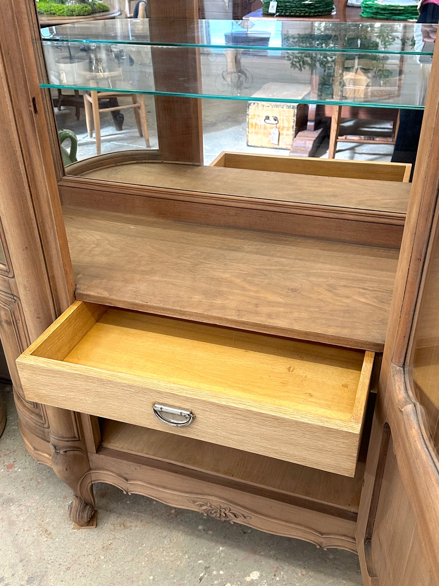 Vintage French Walnut Vitrine With Curved Glass Sides