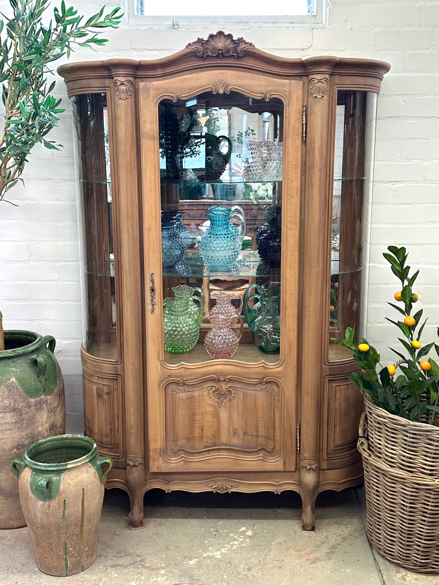 Vintage French Walnut Vitrine With Curved Glass Sides