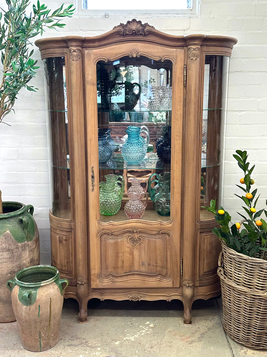 Vintage French Walnut Vitrine With Curved Glass Sides