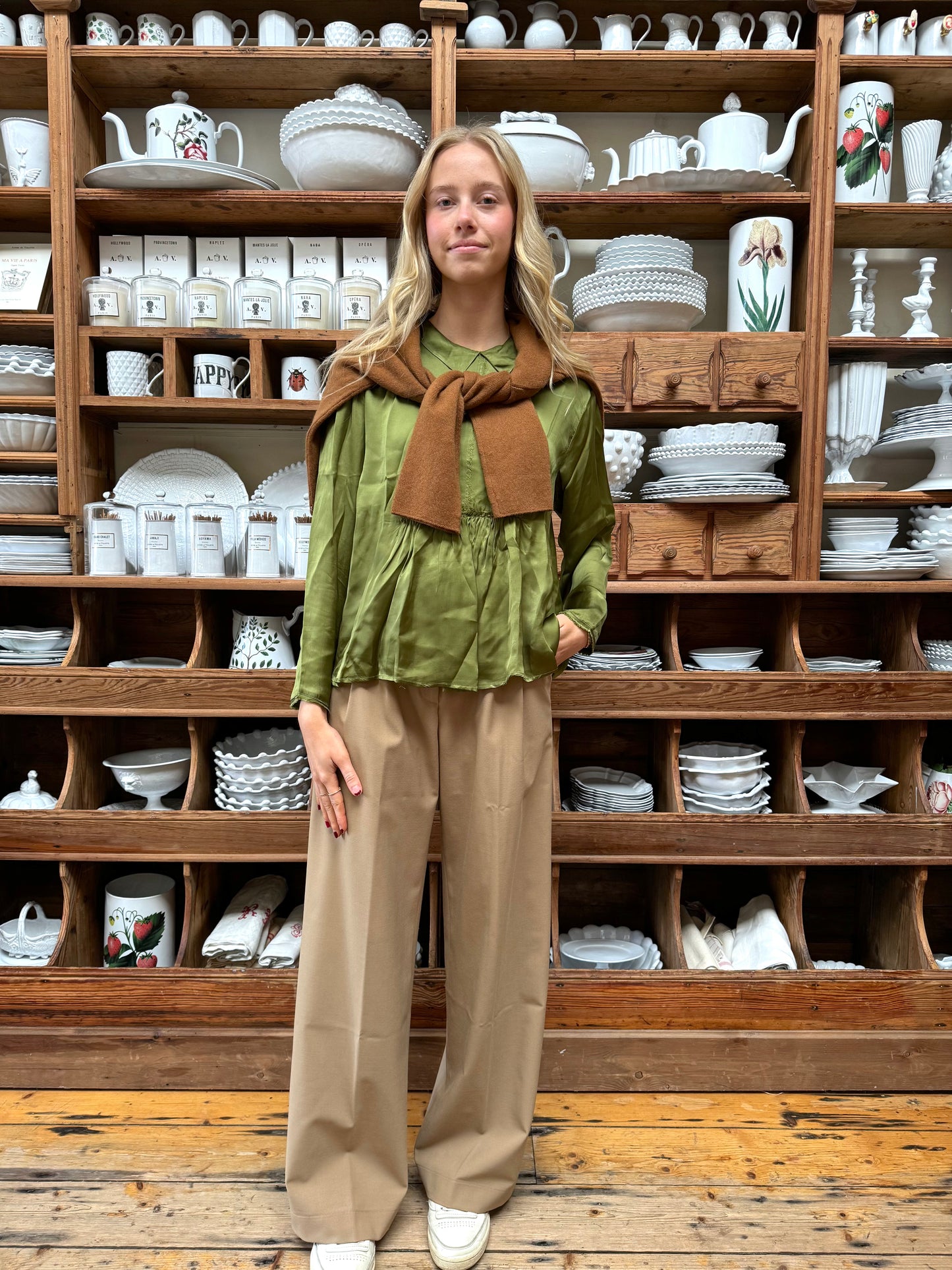 Minina Satin Blouse - Olive Green