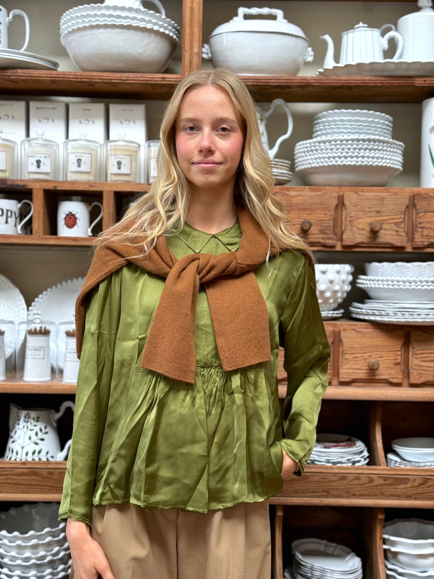 Minina Satin Blouse - Olive Green