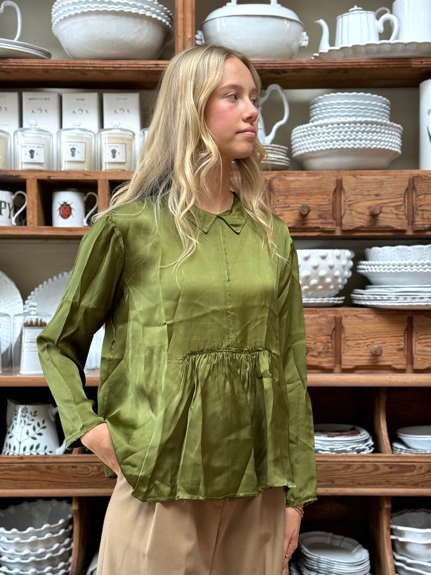 Minina Satin Blouse - Olive Green