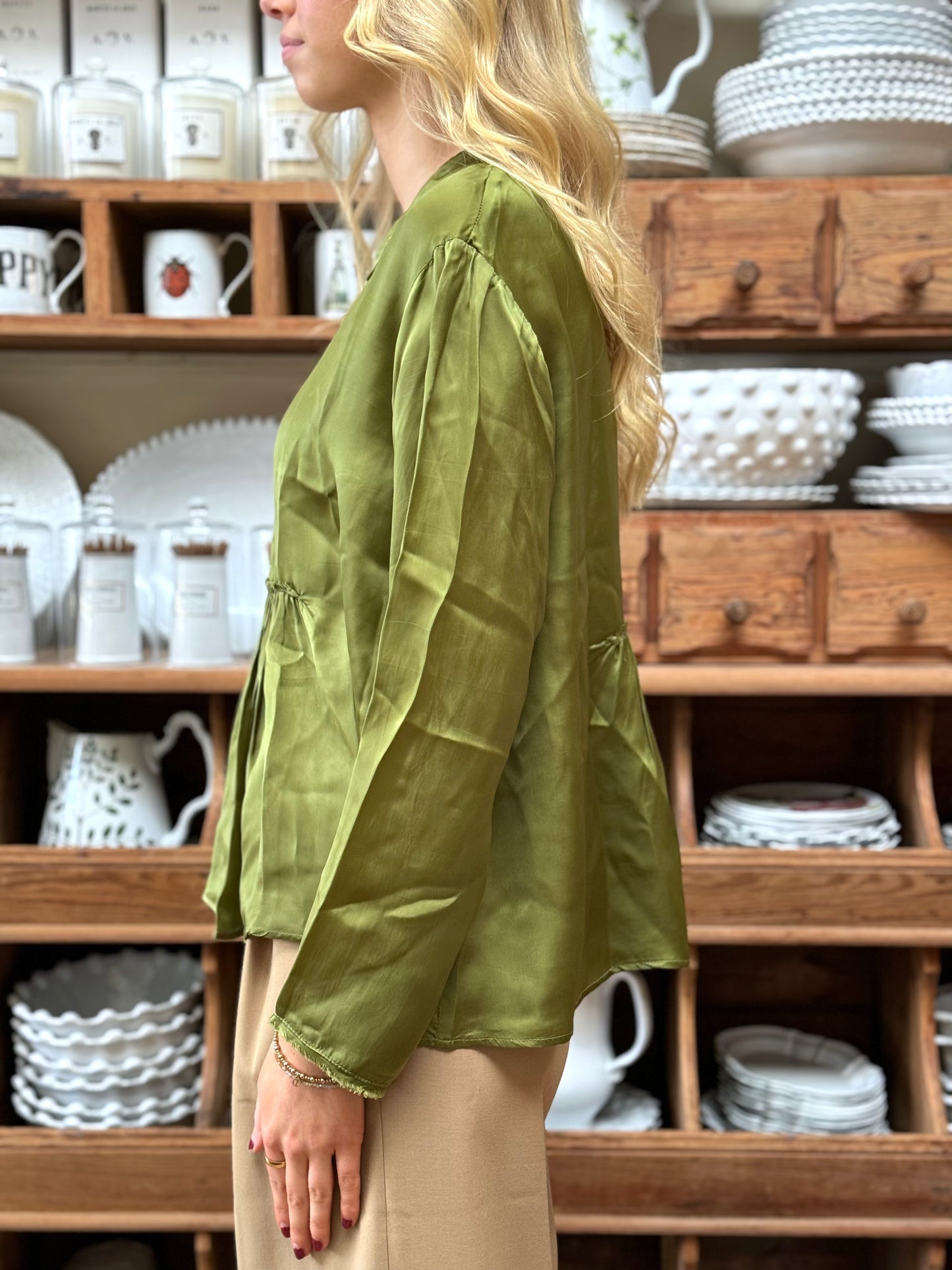 Minina Satin Blouse - Olive Green