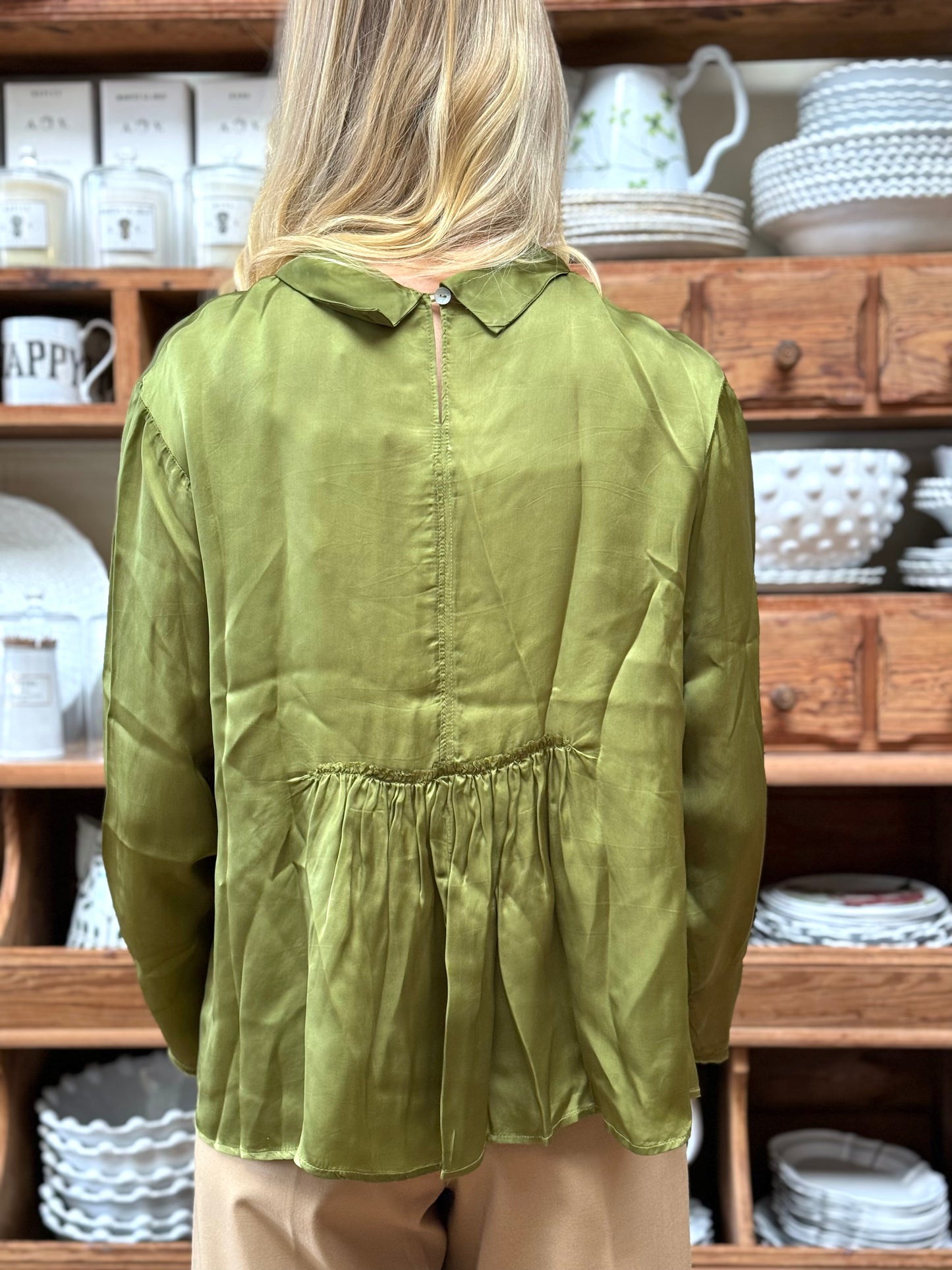 Minina Satin Blouse - Olive Green