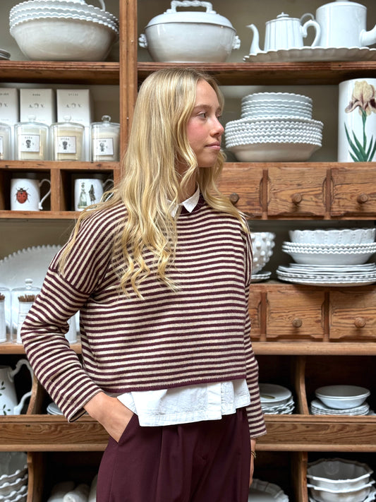 Minina Cashmere Knit Jumper - Burgundy And White Stripe