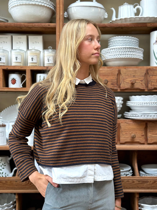 Minina Cashmere Knit Jumper - Camel And Navy Stripe