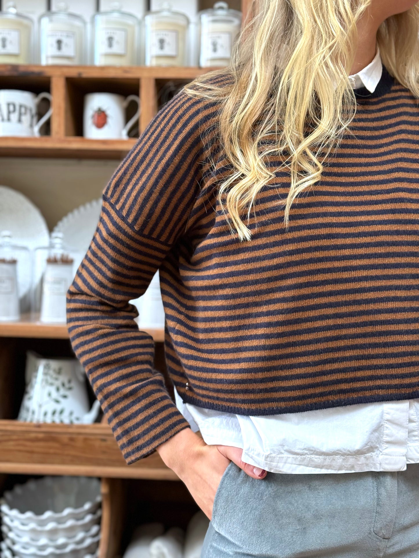 Minina Cashmere Knit Jumper - Camel And Navy Stripe