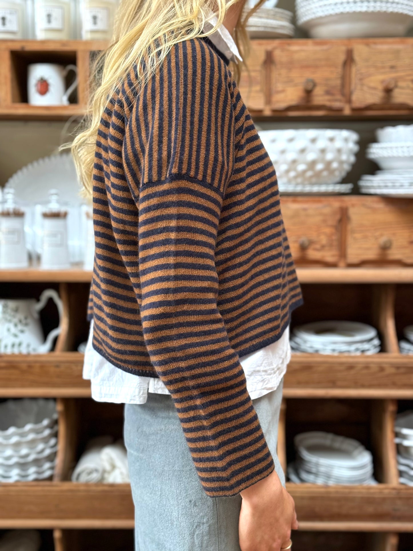 Minina Cashmere Knit Jumper - Camel And Navy Stripe