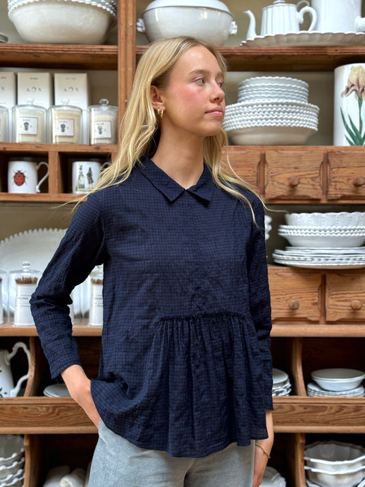 Minina Blouse With Collar - Navy Check