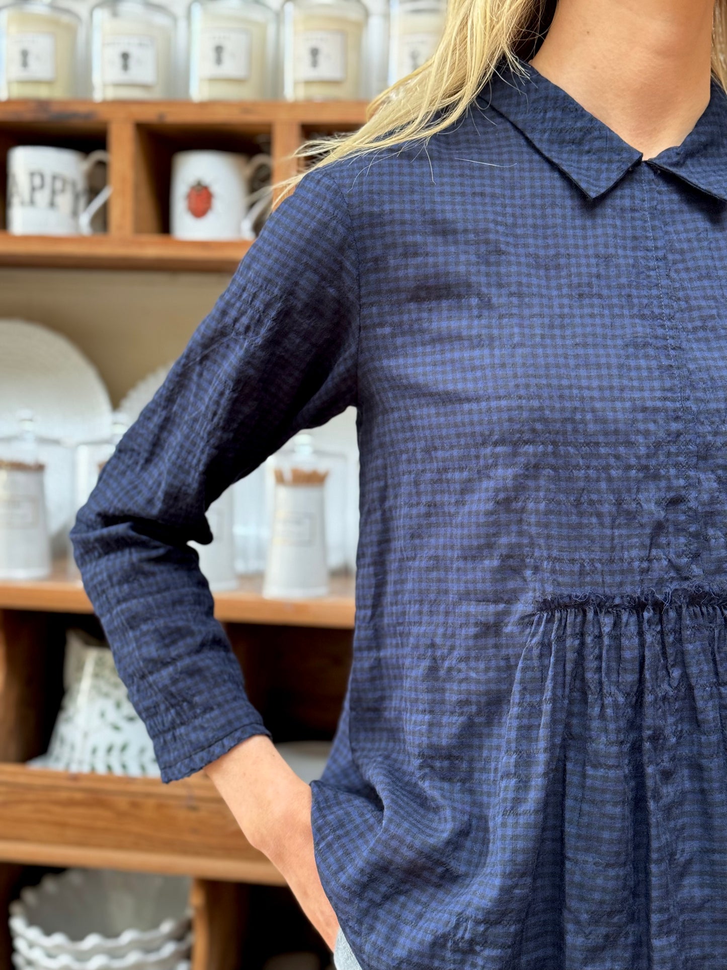 Minina Blouse With Collar - Navy Check