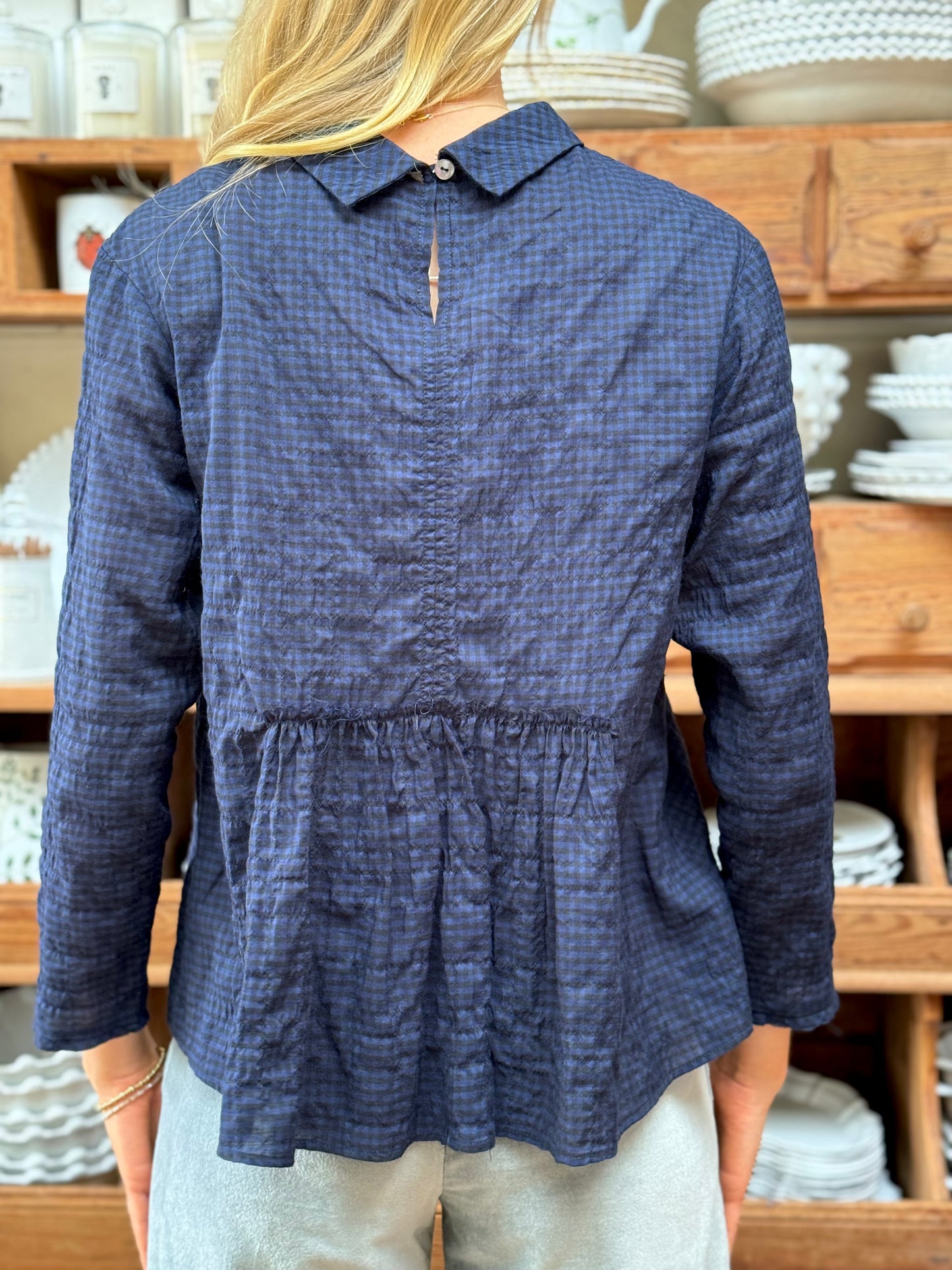 Minina Blouse With Collar - Navy Check