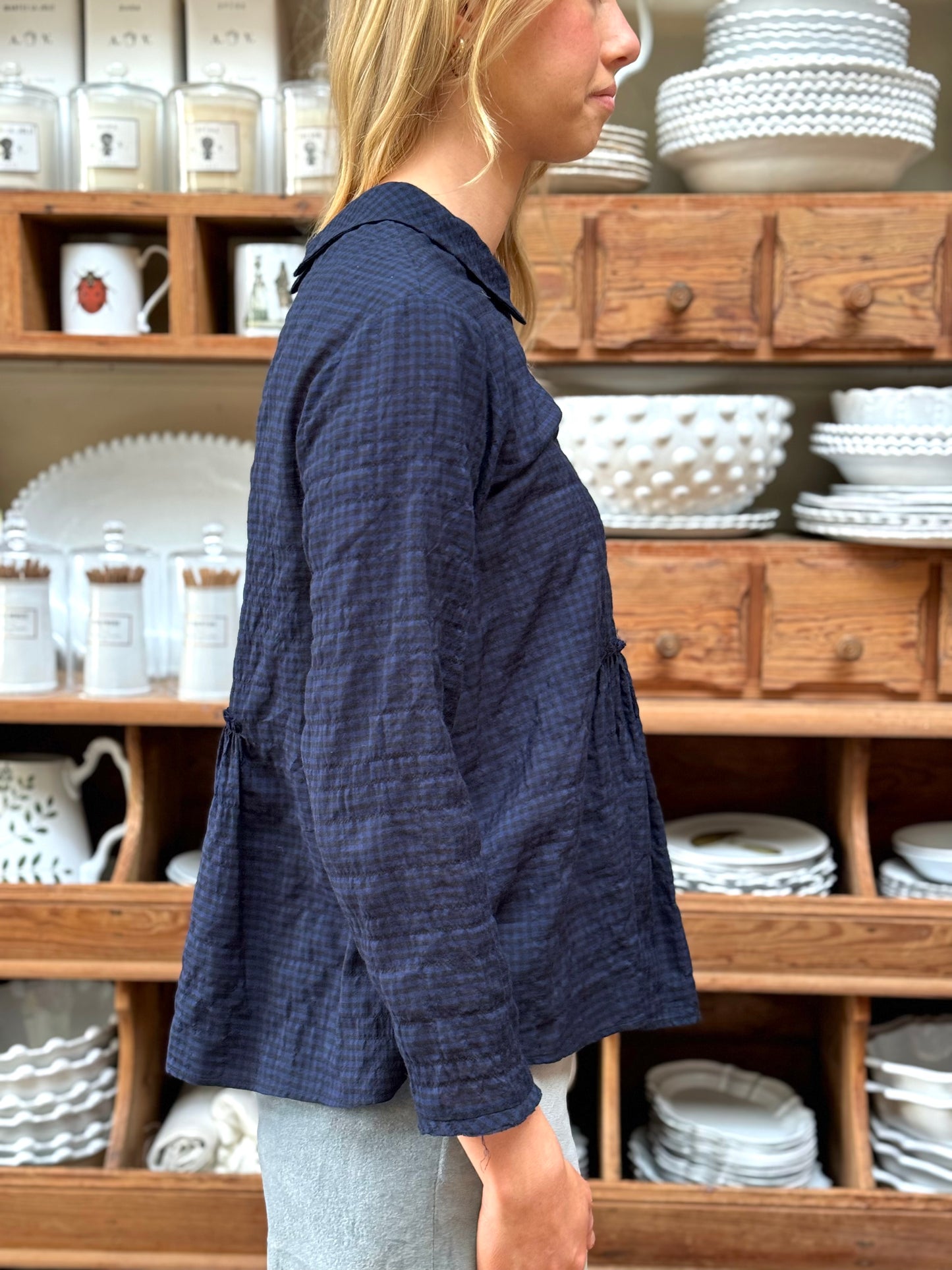 Minina Blouse With Collar - Navy Check