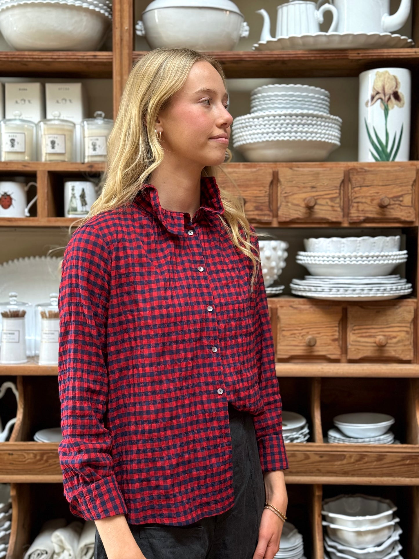 Minina Button Up Shirt - Red And Navy Gingham