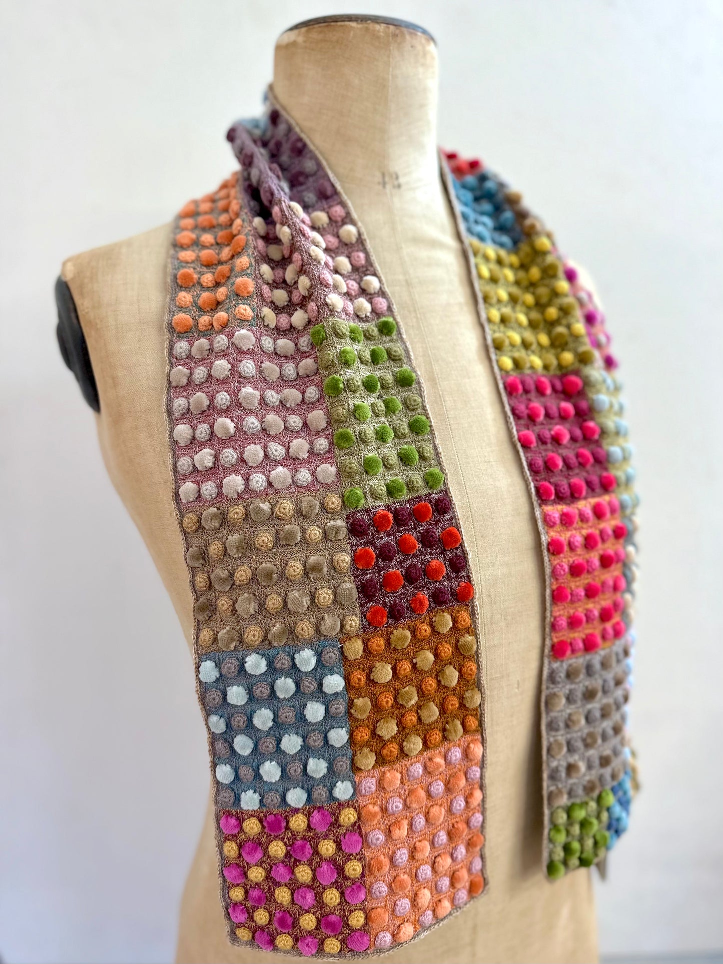 Sophie Digard Multi Crochet Wool Scarf With Mini Velvet Bobbles