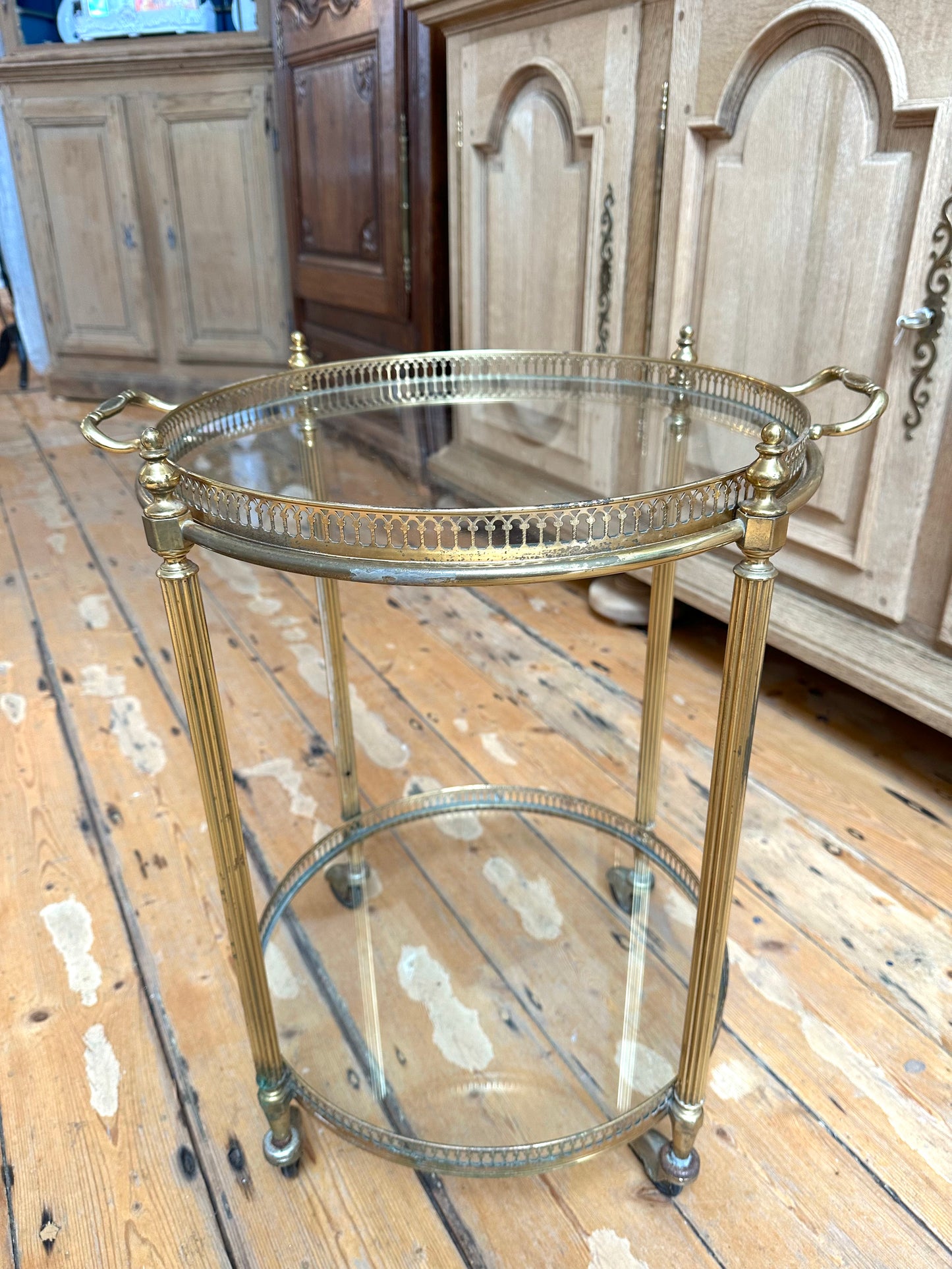 Antique French Round Brass Bar Cart
