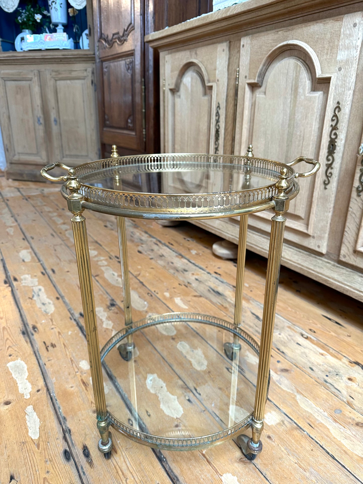 Antique French Round Brass Bar Cart