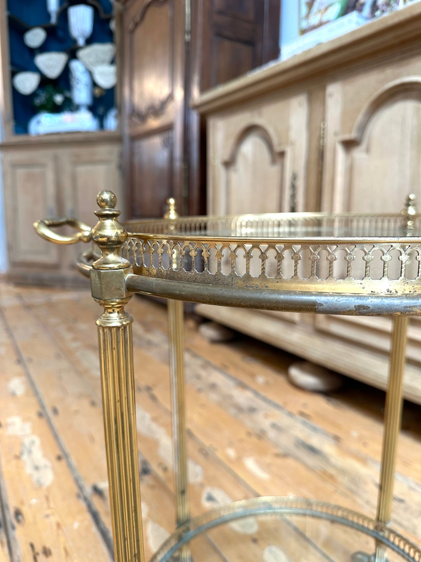 Antique French Round Brass Bar Cart
