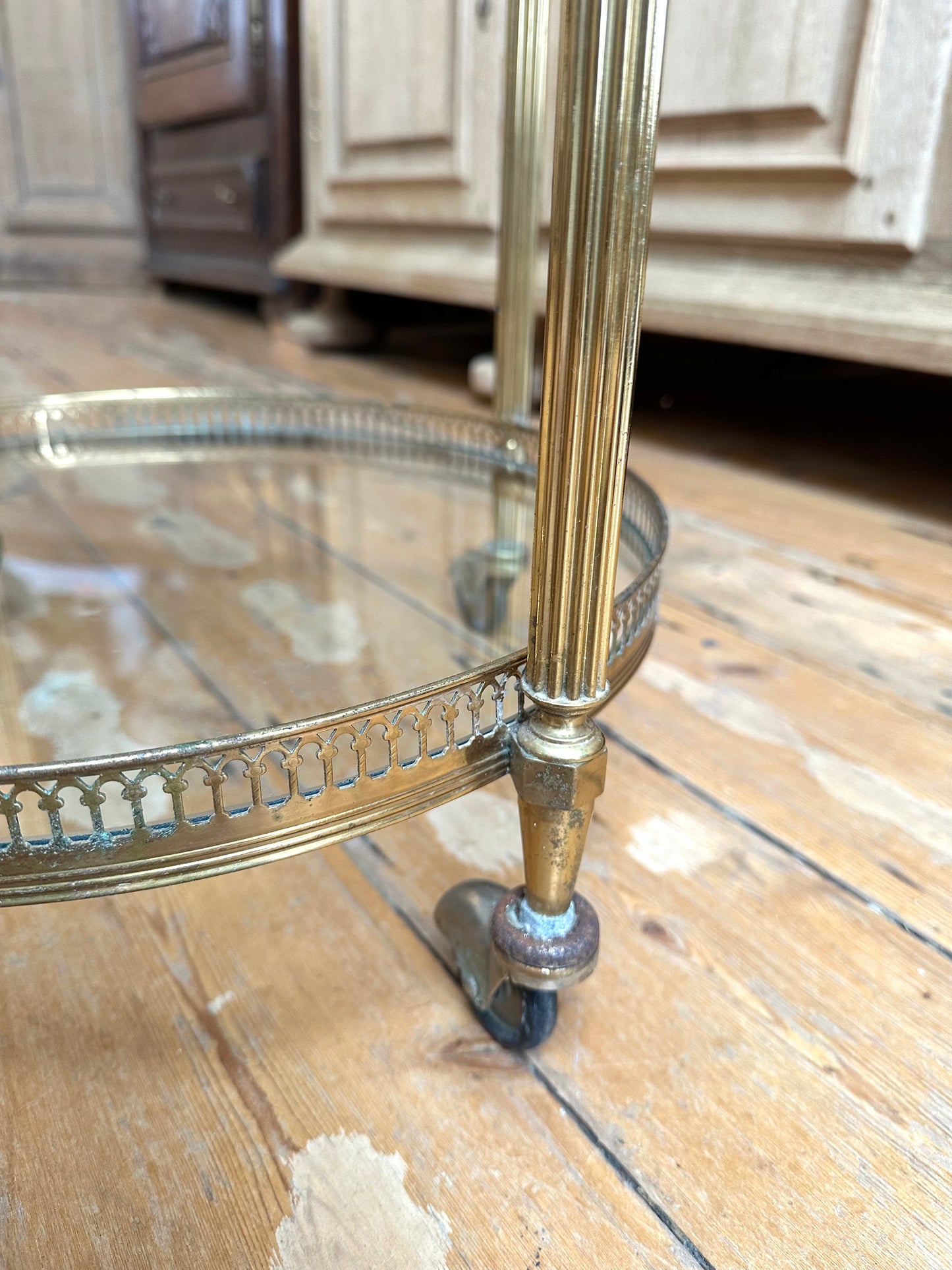 Antique French Round Brass Bar Cart