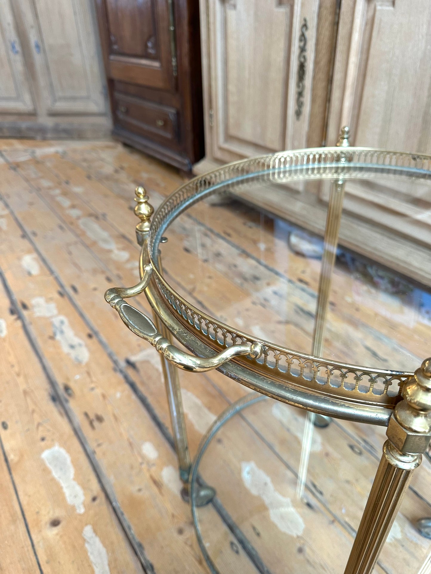 Antique French Round Brass Bar Cart