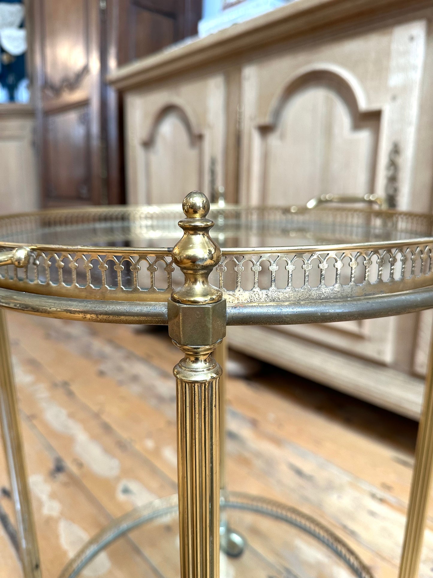 Antique French Round Brass Bar Cart