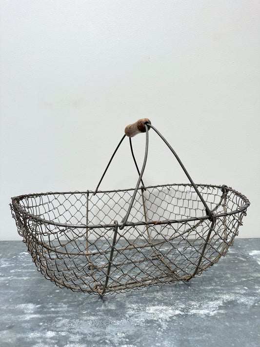 Antique French Woven Metal Harvest Basket