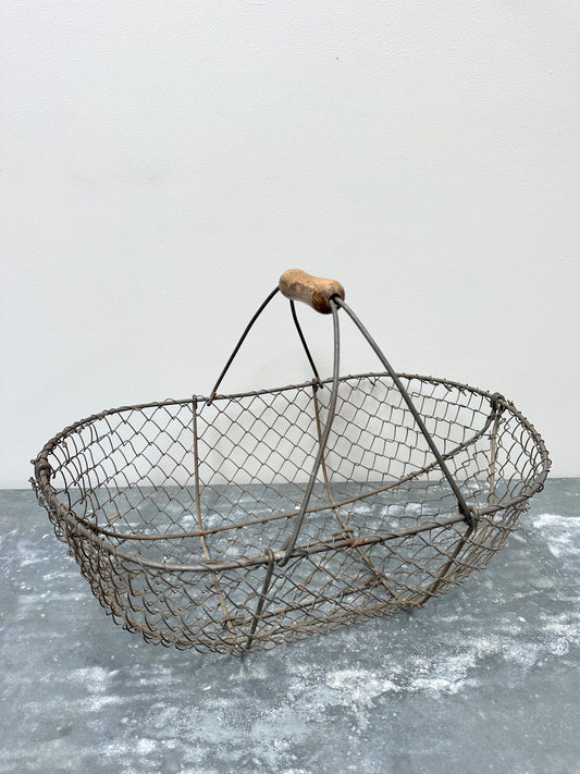 Antique French Woven Metal Harvest Basket