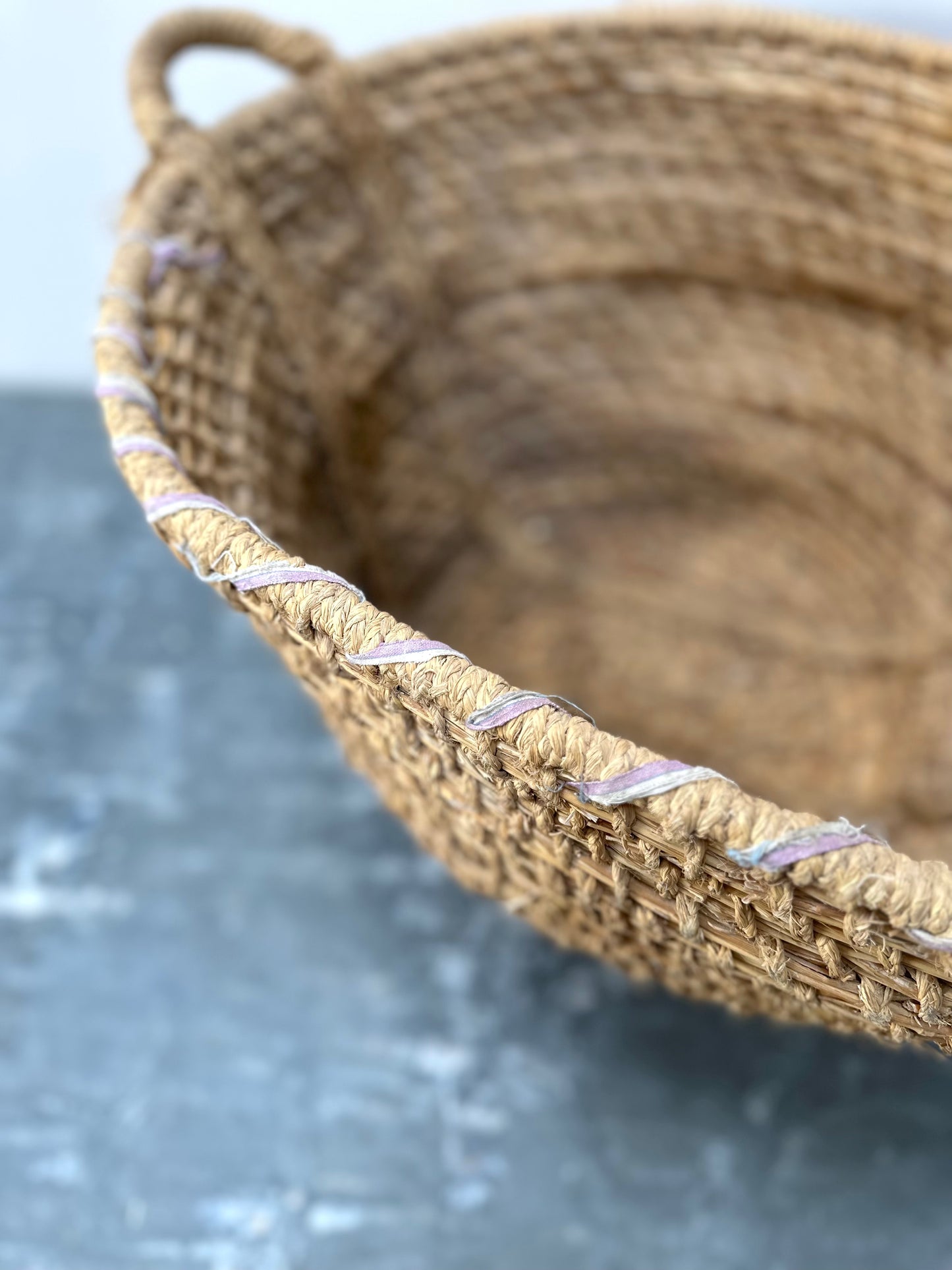 Antique French Woven Straw & Raffia Oval Basket