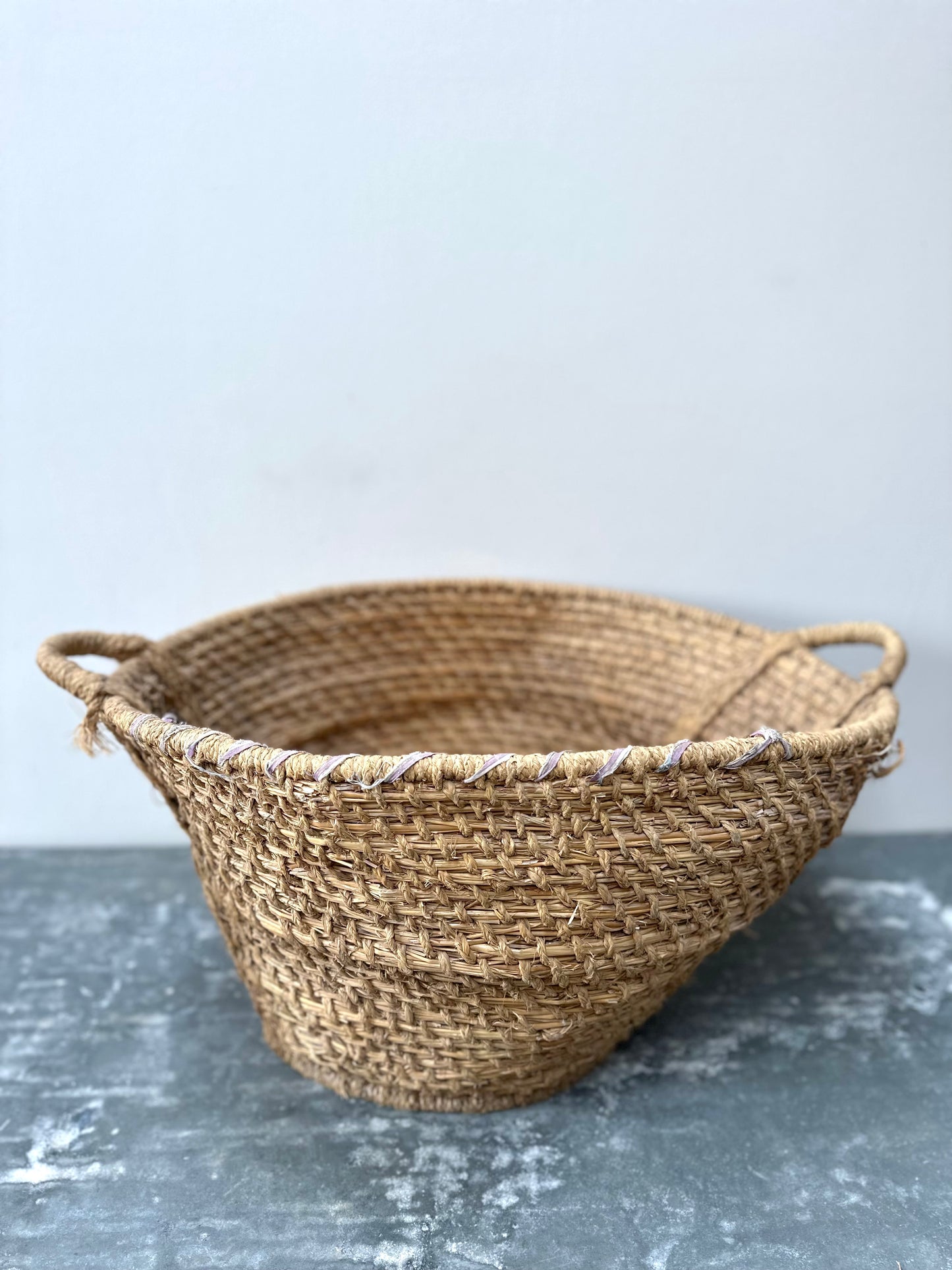 Antique French Woven Straw & Raffia Oval Basket